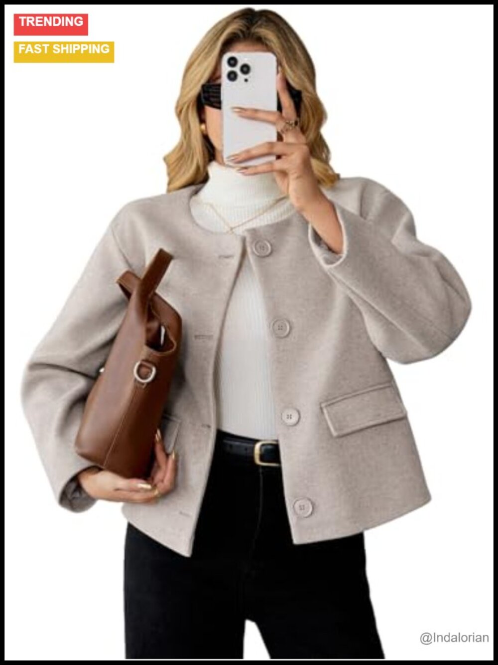 Cropped Wool Blend Pea Coat Long Sleeve Button Jacket Fall Winter